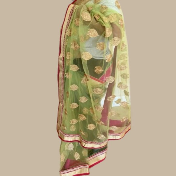 Lime Green Pink Net Saree Gold Zari Buti Motif Contrast Border Wedding - Picture 11 of 16